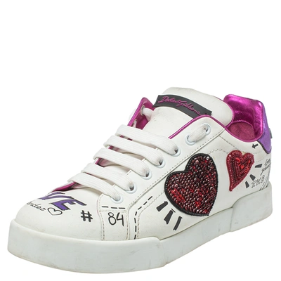 Pre-owned Dolce & Gabbana White Leather Patch Embroidered Low Top Trainers Size 38