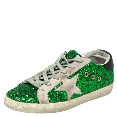 Pre-owned Golden Goose Green Glitter And Suede Superstar Low Top Sneakers Size 37