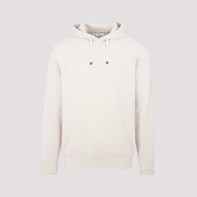 Brunello Cucinelli Ribbed Knitted Hoodie In Beige