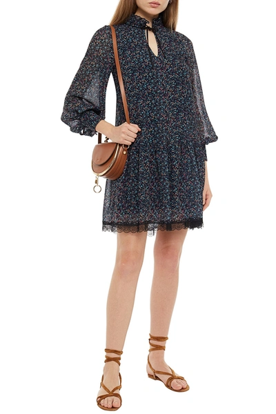 See By Chloé Lace-trimmed Floral-print Georgette Mini Dress In Blue