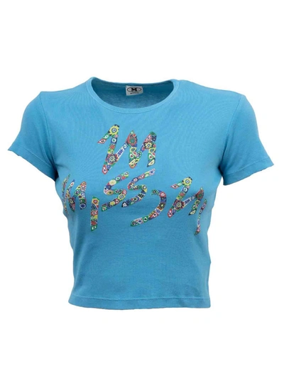 M Missoni Floral Logo-print Cropped T-shirt In Light Blue