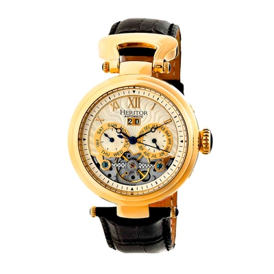 Heritor Ganzi Automatic Multi-function Brushed Dial Black Leather Mens Watch Hr3303 In Black / Blue / Gold Tone / Silver