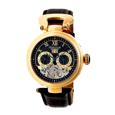 Heritor Ganzi Automatic Black Dial Black Leather Mens Watch Hr3304 In Black / Blue / Gold Tone / Skeleton / Yellow