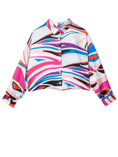 Emilio Pucci Kids' Patterned Girl Shirt In Fuxia-celeste