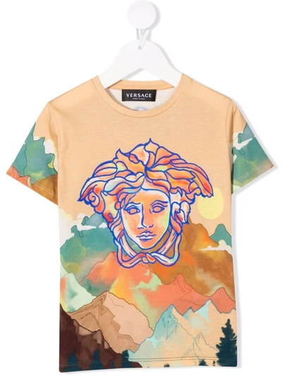 Versace Kids' Medusa Hiking-print T-shirt In Neutrals