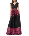 Carmen Marc Valvo Infusion V-neck Floral Brocade Sleeveless Banded A-line Gown In Black Raspberry
