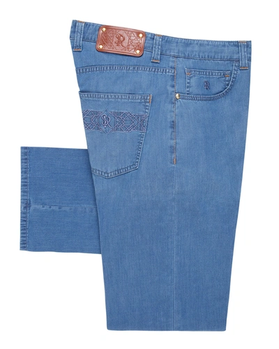 Stefano Ricci Men's Embroidered Medium-wash Jeans In Blue