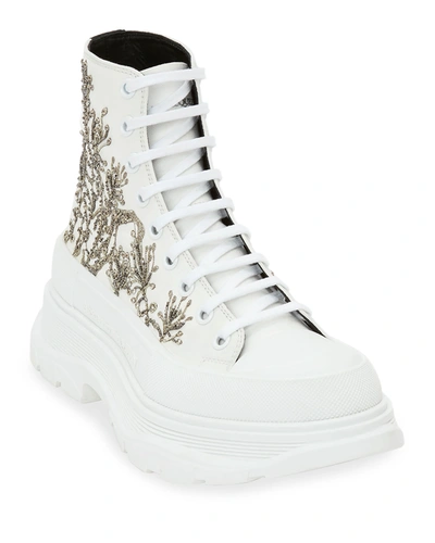 Alexander Mcqueen Men's Tread Slick Embellished Canvas High-top Sneakers In White/silver