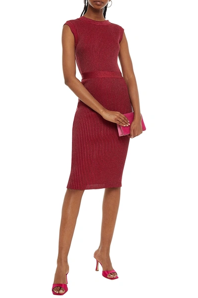 Herve Leger Metallic Ribbed-knit Dress In Crimson