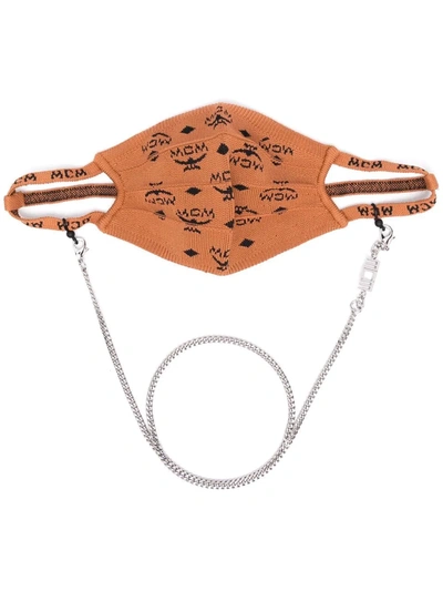 Mcm Knitted Monogram Chain Detail Face Mask In Brown