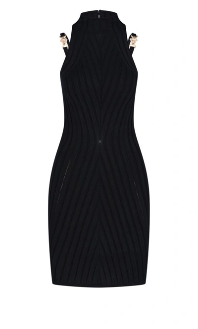 Versace Medusa Ribbed-knit Knee-length Dress In Black