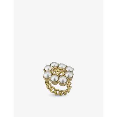 Gucci Womens Gg Marmont Faux-pearl And Gold-toned Brass Ring S