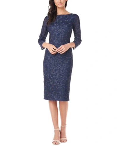 Js Collections Leaf Embroidered Sheath Cocktail Dress In Navy Blue