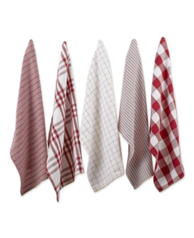 Design Imports Farmhouse Woven Dishtowel, Set Of 5 In Red