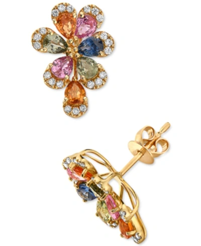 Effy Collection Effy Multi-sapphire (2-1/2 Ct. T.w.) & Diamond (1/5 Ct. T.w.) Flower Stud Earrings In 14k Gold