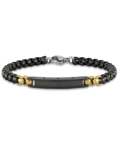 Macy's Men's Id Plate Rolo Link Bracelet In Stainless Steel & Black & Gold-tone Ion-plate
