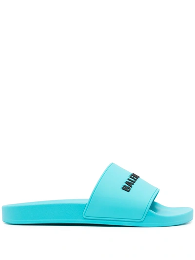 Balenciaga Raised Logo Pool Slides In Turquoise Black