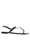 Saint Laurent Black Cassandra Flat Sandals In Crocodile-embossed Leather With Gold-tone Monogram In Black