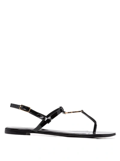 Saint Laurent Black Cassandra Flat Sandals In Crocodile-embossed Leather With Gold-tone Monogram
