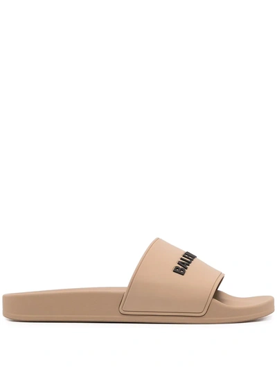 Balenciaga Logo Slide Sandal In Beige Black