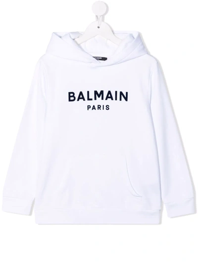 Balmain Kids' Long Sleeve Mirrored Logo Hoodie In White