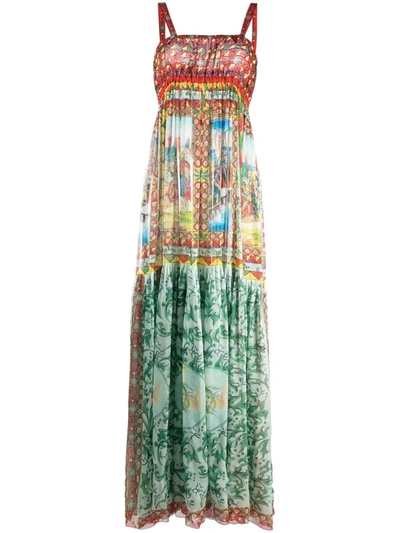 Dolce & Gabbana Carretto-print Long Chiffon Dress In Multicolor