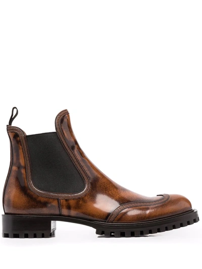 Versace Greca-trim Almond-toe Chelsea Boots In Brown