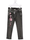 MONNALISA FLORAL-EMBROIDERED STONEWASHED JEANS