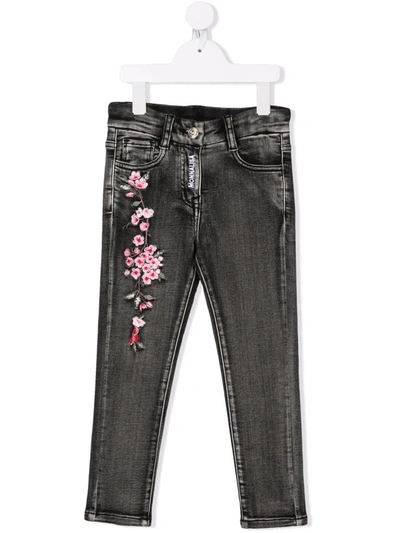 Monnalisa Kids' Floral-embroidered Stonewashed Jeans In Black