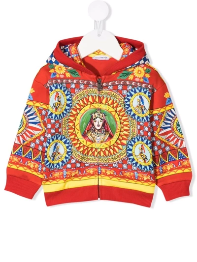 Dolce & Gabbana Babies' Carretto-print Zip-front Jersey Hoodie In Green