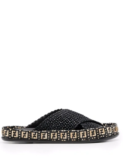 Fendi Reflections Raffia Slide Sandal Black ModeSens