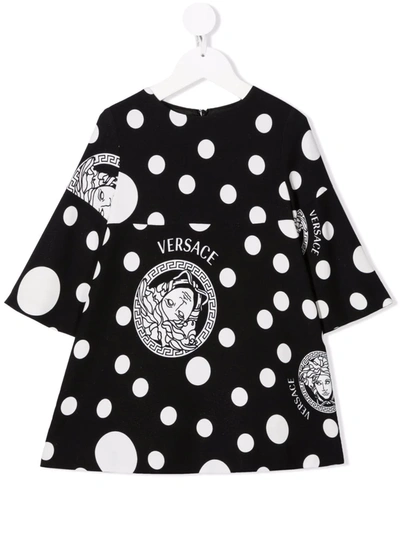 Versace Kids' Medusa-head Polka-dot Dress In Black
