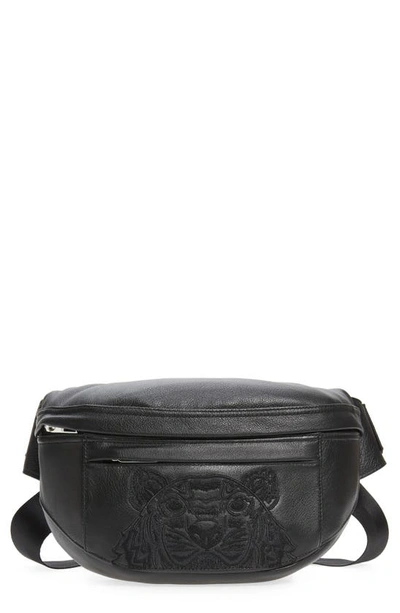 Kenzo Tiger Embroidered Leather Belt Bag In Black