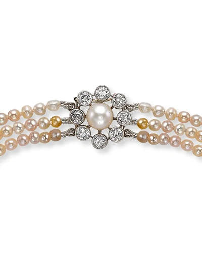Pre-owned Pragnell Vintage 1837-1901 18kt White Gold Victorian Saltwater Three Row Pearl And Diamond Clasp Necklace In Silver
