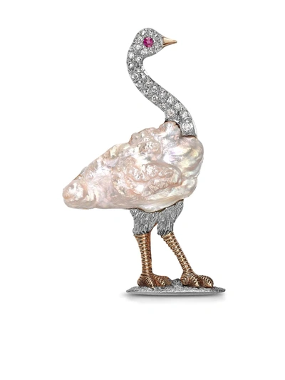 Pre-owned Pragnell Vintage 1901-1910 18kt Yellow Gold Edwardian Pearl And Diamond Ostrich Brooch In 银色