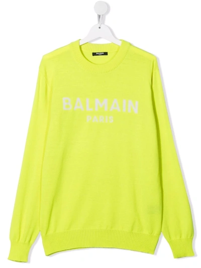 Balmain Teen Logo-knit Crew-neck Jumper In Giallo