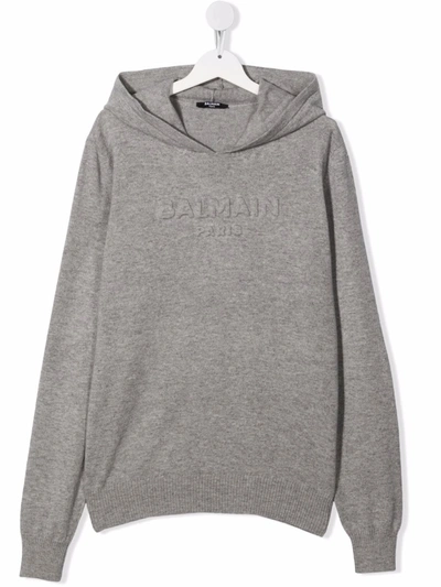 Balmain Teen Debossed-logo Knitted Hoodie In Grey