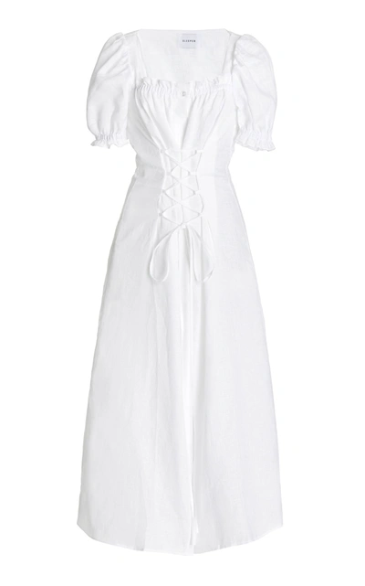 Sleeper Womens White Brigette Puffed-sleeve Linen Midi Dress M