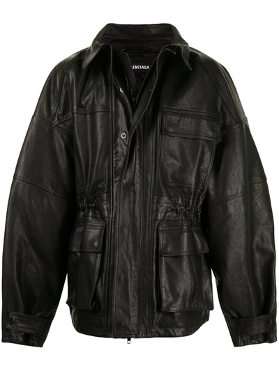 Balenciaga Cinched-waist Leather Jacket In Schwarz