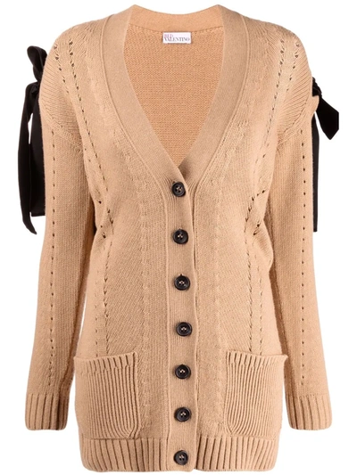 Red Valentino Bow-detail Pointelle-knit Cardigan In Brown