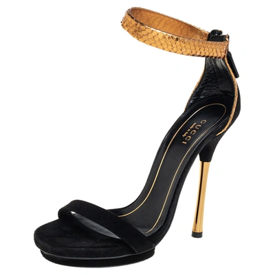 Pre-owned Gucci Black/gold Suede And Python Kelis Ankle Strap Sandals Size 36