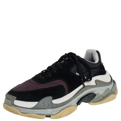 Pre-owned Balenciaga Black/burgundy Suede, Leather And Fabric Triple S Low Top Sneakers Size 40