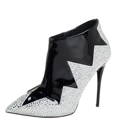 Pre-owned Giuseppe Zanotti Black Patent Leather And Suede Crystal Zig Zag Patterned Booties Size 36.5