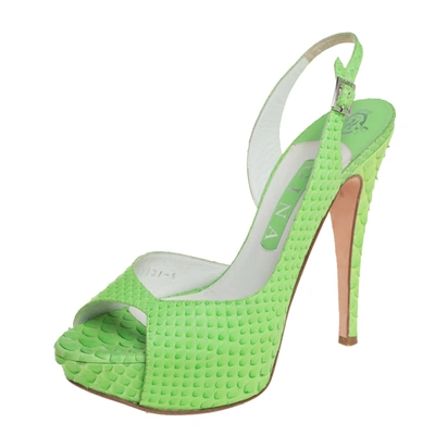 Pre-owned Gina Green Python Embossed Leather Peep Toe Platform Slingback Sandals Size 38