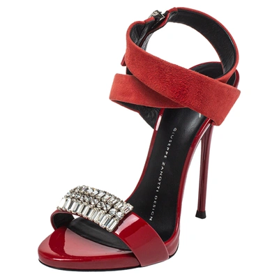 Pre-owned Giuseppe Zanotti Red Suede And Patent Leather Embellished Sandals Size 36