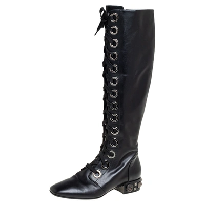 Pre-owned Dolce & Gabbana Black Leather Jackie Lace Up Knee Length Boots Size 41