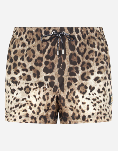 Dolce & Gabbana Short Leopard-print Swim Trunks With Plate In Leo Print