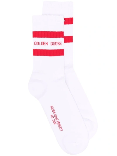 Golden Goose Logo-intarsia Ribbed-knit Ankle Socks In White