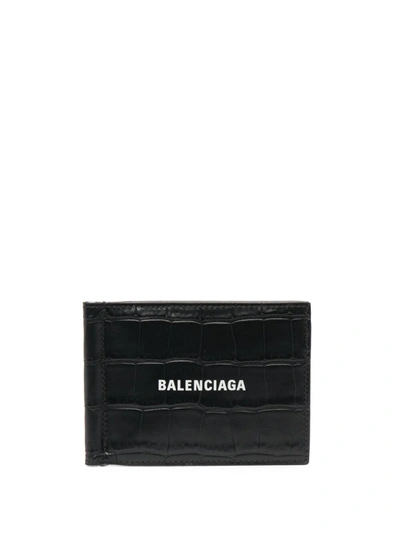 Balenciaga Logo-print Crocodile-effect Wallet In Black