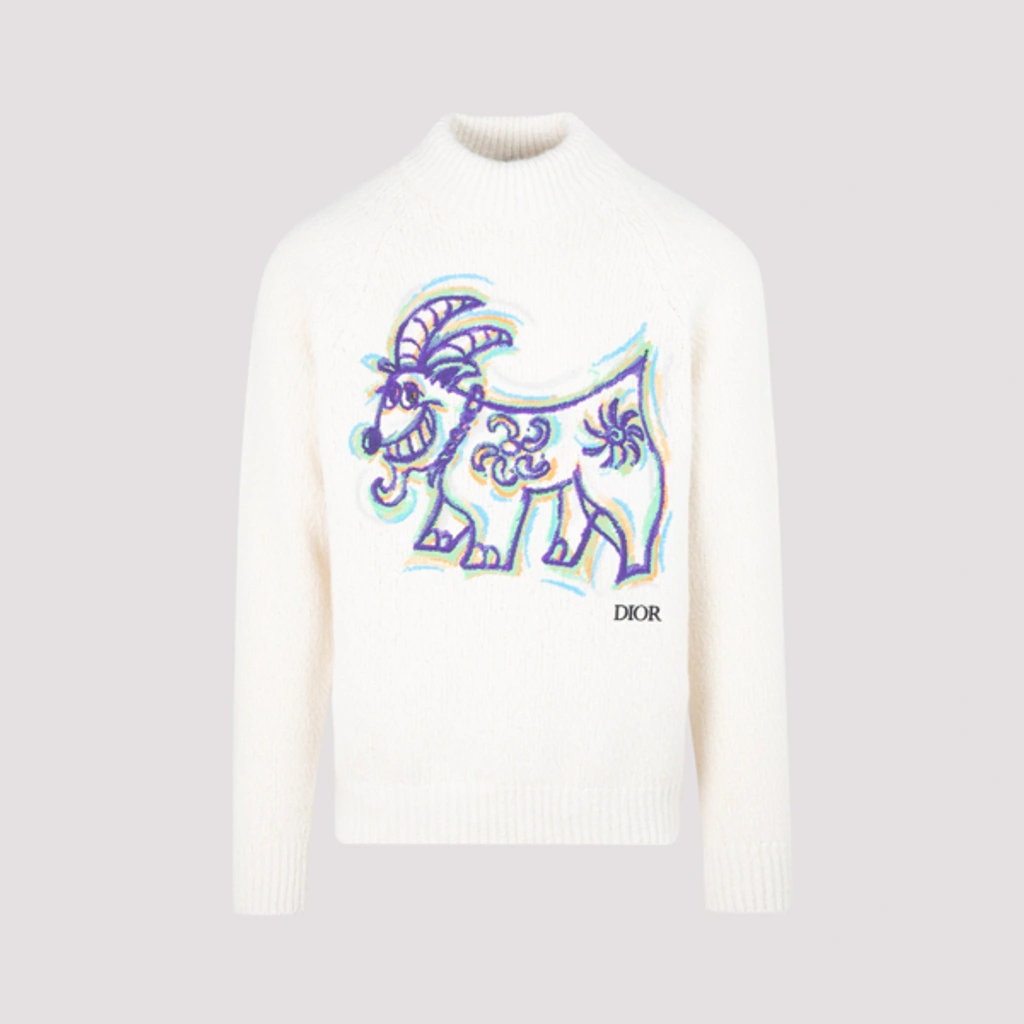 Dior Homme X Kenny Scharf Goat Embroidered Sweater In White | ModeSens